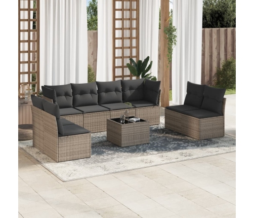 Set de muebles de jardín 9 pzas y cojines ratán sintético gris