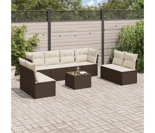 Set de sofás de jardín 9 pzas y cojines ratán sintético marrón