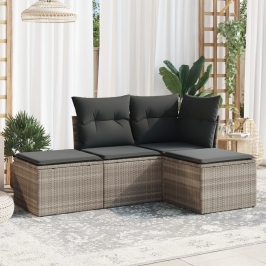 Set de sofás de jardín 4 pzas y cojines ratán sintético gris