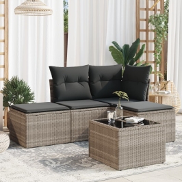 Set de sofás jardín y cojines 5 pzas ratán sintético gris claro