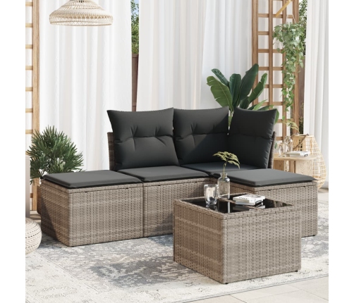 Set de sofás jardín y cojines 5 pzas ratán sintético gris claro