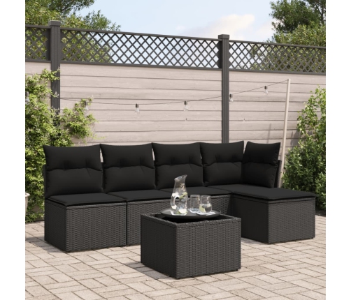 Set de sofás de jardín 6 piezas y cojines ratán sintético negro
