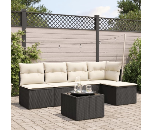 Set de sofás de jardín 6 piezas y cojines ratán sintético negro