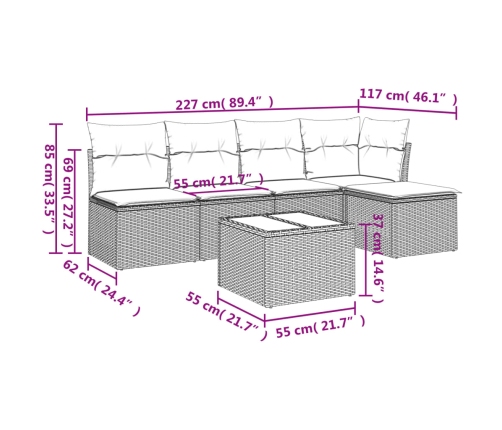 Set de muebles de jardín 6 pzas y cojines ratán sintético gris