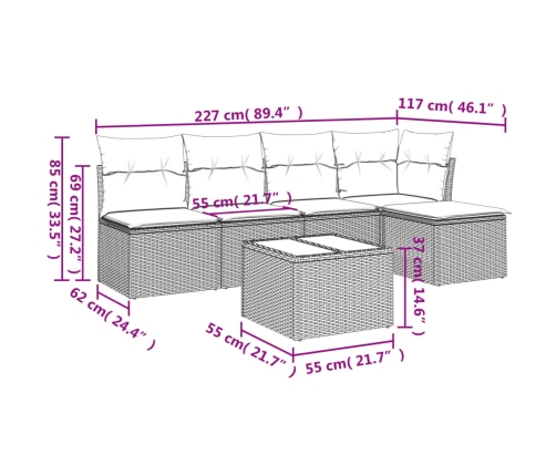 Set sofás de jardín 6 piezas y cojines ratán sintético marrón
