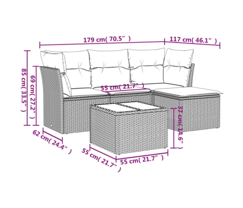 Set de muebles de jardín 5 pzas y cojines ratán sintético negro