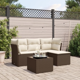 Set comedor de jardín 5 piezas y cojines ratán sintético marrón