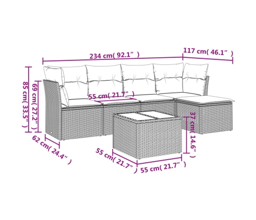 Set de muebles de jardín 6 pzas y cojines ratán sintético gris