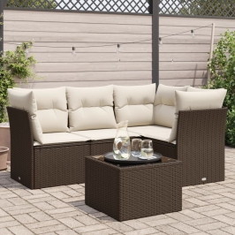 Set comedor de jardín 5 piezas y cojines ratán sintético marrón