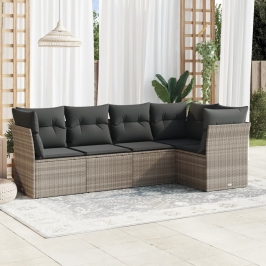 Set de sofás jardín y cojines 5 pzas ratán sintético gris claro