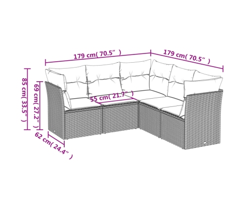 Set comedor de jardín 5 piezas y cojines ratán sintético marrón