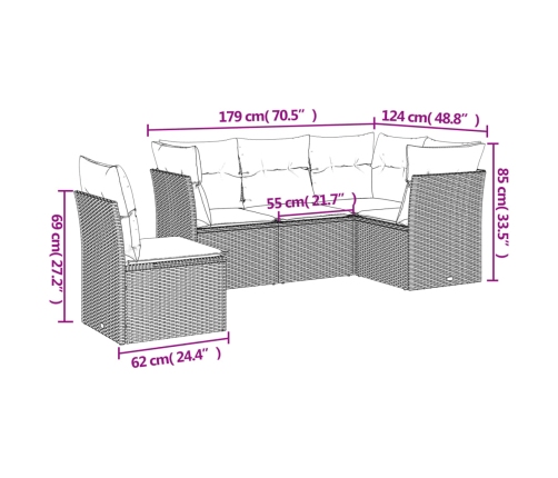 Set de muebles de jardín 5 pzas y cojines ratán sintético negro