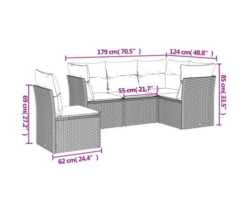 Set comedor de jardín 5 piezas y cojines ratán sintético marrón