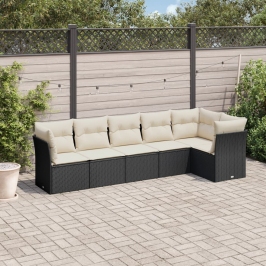 Set de sofás de jardín 6 piezas y cojines ratán sintético negro