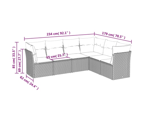Set sofás de jardín 6 piezas y cojines ratán sintético marrón