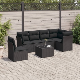 Set de comedor de jardín 7 pzas y cojines ratán sintético negro
