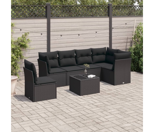 Set de comedor de jardín 7 pzas y cojines ratán sintético negro