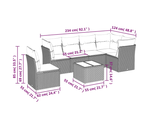Set de comedor de jardín 7 pzas y cojines ratán sintético negro