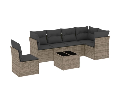 Set de sofás de jardín 7 piezas con cojines ratán PE gris