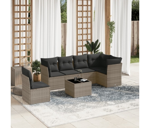 Set de sofás de jardín 7 piezas con cojines ratán PE gris