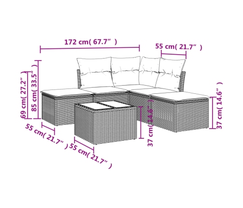 Set sofás de jardín 6 piezas y cojines ratán sintético marrón