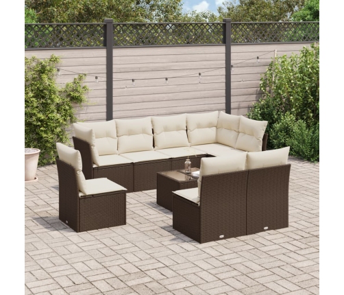 Set de sofás de jardín 9 pzas y cojines ratán sintético marrón