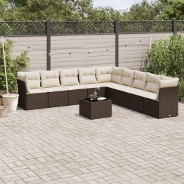 Set de sofás de jardín 10 pzas y cojines ratán sintético marrón