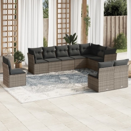Set de sofás de jardín 10 pzas con cojines ratán sintético gris
