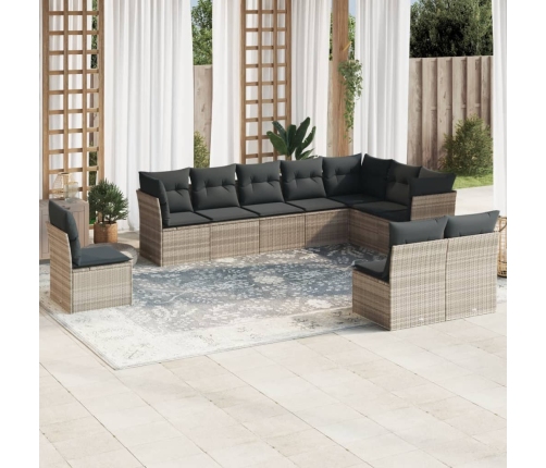 Set sofás jardín 10 pzas con cojines ratán sintético gris claro