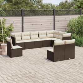Set de sofás de jardín 10 pzas y cojines ratán sintético marrón