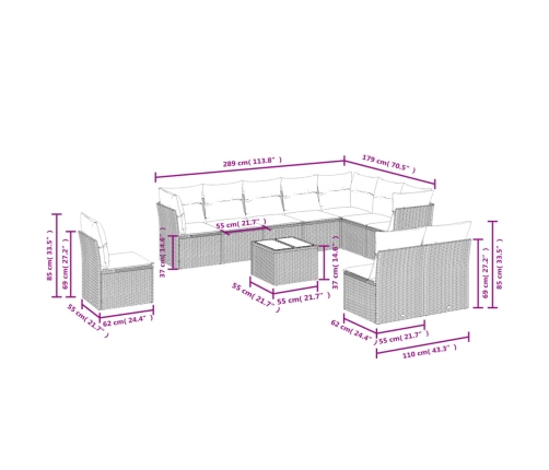 Set de sofás de jardín 11pzas con cojines ratán sintético beige