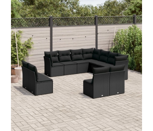 Set de sofás de jardín 11 pzas y cojines ratán sintético negro