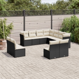 Set de sofás de jardín 11 pzas y cojines ratán sintético negro
