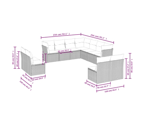 Set de sofás de jardín 11 pzas y cojines ratán sintético gris