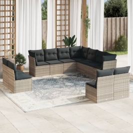 Set de sofás de jardín 11 pzas y cojines ratán sintético gris