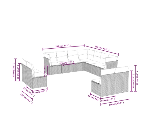 Set de sofás de jardín 11 pzas cojines ratán sintético marrón