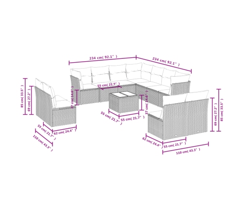 Set de sofás de jardín 12 pzas y cojines ratán sintético marrón