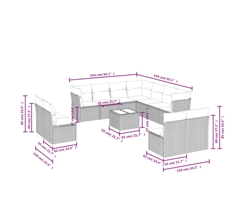 Set de sofás de jardín y cojines 12 pzas ratán sintético marrón