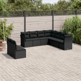 Set de sofás de jardín 8 piezas y cojines ratán sintético negro