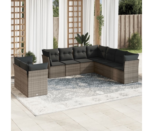 Set de muebles de jardín 9 pzas y cojines ratán sintético gris