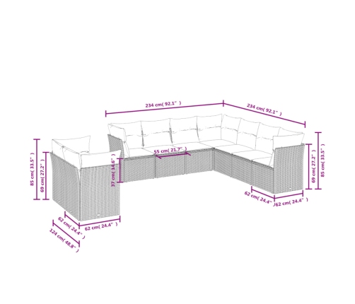 Set muebles jardín 9 pzas y cojines ratán sintético gris claro