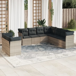 Set muebles jardín 9 pzas y cojines ratán sintético gris claro