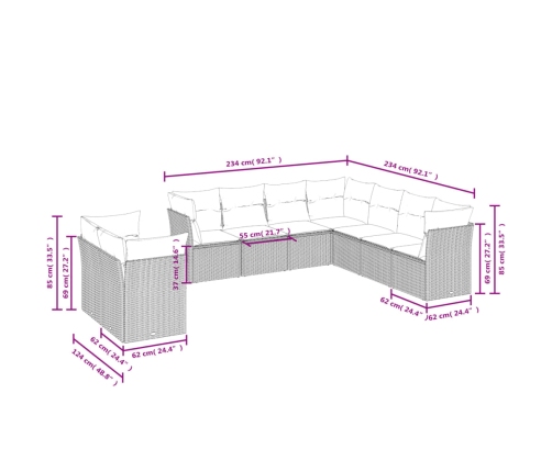 Set de sofás de jardín 9 pzas y cojines ratán sintético marrón