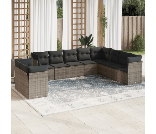 Set de sofás de jardín 10 pzas con cojines ratán sintético gris