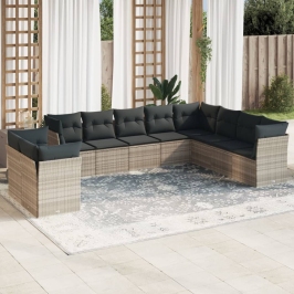 Set sofás jardín 10 pzas con cojines ratán sintético gris claro