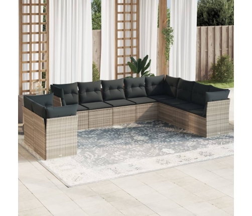 Set sofás jardín 10 pzas con cojines ratán sintético gris claro