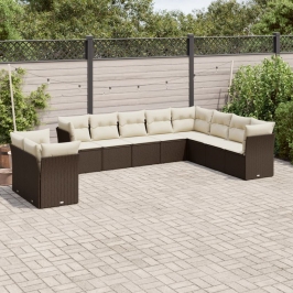 Set de sofás de jardín 10 pzas y cojines ratán sintético marrón