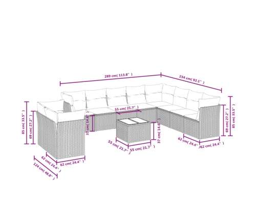 Set de sofás de jardín 11pzas con cojines ratán sintético beige