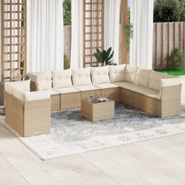 Set de sofás de jardín 11pzas con cojines ratán sintético beige