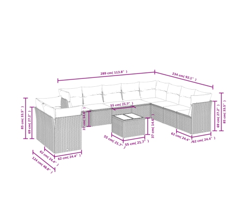 Set de sofás de jardín 11 pzas cojines ratán sintético marrón